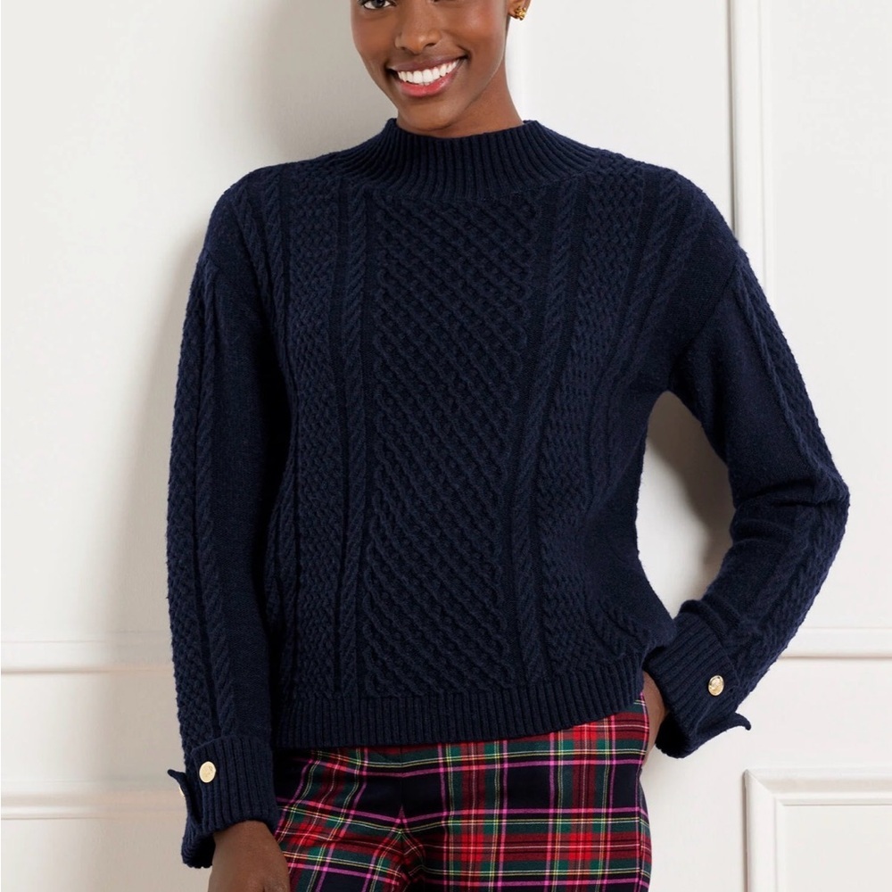 Talbots Navy Blue Cable Knit Button Cuff Sweater